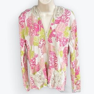Sigrid Olsen Silk/Rayon Knit Zip-Up Sweater With Crochet Lace Pockets & Hood ~ M